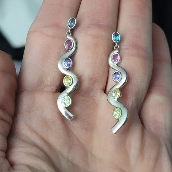 Sterling Silver Multi Stone Squiggly Dangle Earrings - Picture 9 of 9